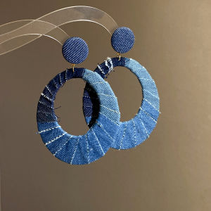 Blue Denim Large Earrings Exaggerated Circle Ear Cuffs Elegant High-End Feeling Ear Studs Niche Autumn Winter Hong Kong Style Womens Jewelry