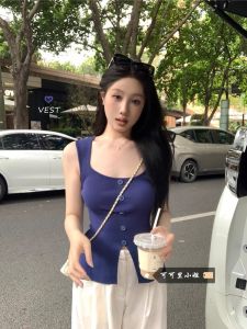 Elegant Slit Strap Vest: A Minimalist Style Square Collar Waist Cinching Top