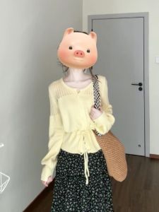 Áo Len Cardigan Dệt Kim Cổ Tròn Màu Vàng Nhạt Cho Nữ Áo Ngắn Ôm Vừa Vặn Có Dây Buộc Chất Liệu Mềm Mại Thoải Mái Mặc Đi Làm