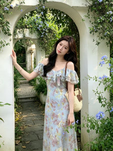 Romantic Ruffles Flower Printed Slim Fit Off-shoulder Dress