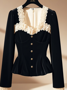 Elegant Velvet Long Sleeve Shirt Womens Commute Slimming Waist Design Unique Collar Base Shirt Fashionable Korean Style