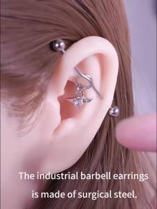 1 Pcs Stainless Steel Bow Butterfly Pendant Female Punk Industrial Barbell Cartilage Earring Tragus Long Spiral Piercing Jewelry