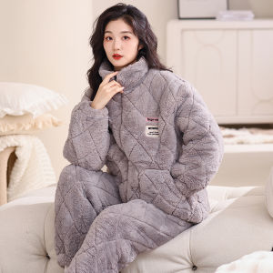 Bộ Đồ Ngủ Bằng Vải Nhung Coral Fleece Dày Dặn Mùa Thu Đông Cho Nữ Quần Dài Áo Cardigan Quần Áo Mặc Nhà Thoải Mái