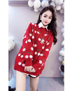 Red Knitted Cherry Sweater Set Womens Lazy Style Autumn Winter Clothes 150cm Medium Length Two Piece Set for New Year