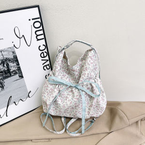 2025 New Floral Nylon Backpack Large Capacity Dual Shoulder Bag for Students Korean Lazy Style Cute Single Shoulder Bag