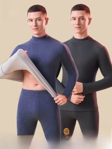 miiow | Mens Thermal Underwear Set Fleece Lined Thickened Cashmere Silk Long Sleeve High Collar Warm Comfortable Polyester Blend