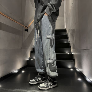 กางเกงยีนส์ทรงทำงานสไตล์อเมริกันสำหรับผู้ชาย กางเกงขายาวลำลองฤดูใบไม้ร่วง ทรงหลวม ไซส์ใหญ่ สไตล์ย้อนยุค สีบล็อก กางเกงขายาวลำลอง