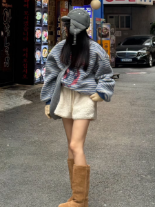 HUOLISI | Slimming Petite Leisure Sheepskin Velvet Shorts Beige High Waist A-Line Outwear