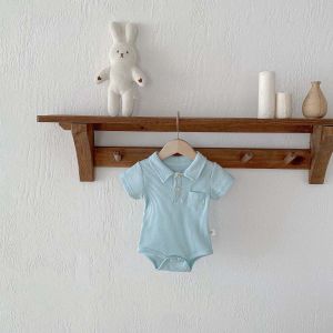 K-style Baby Waffle Jumpsuit Summer Baby Boy Pure Color Romper Gentleman Short Sleeve Polo Lapel Romper