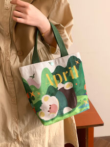 Casual Canvas Handbag Womens Portable Snack Bag Lunch Box Commuter Bag Fashionable Outing Bag Simple Style Forest Bear Design