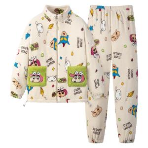 Couples Thickened Coral Fleece Pajamas Autumn Winter Home Clothes Long Sleeve Long Pants Soft Polyester Skin-friendly Breathable