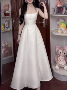 ชุดราตรีสีขาว ชุดแต่งงาน ชุดเดรสยาวปานกลาง แขนกุด กระโปรงทรงเอ ผ้าฝ้ายผสม ชุดราตรีสำหรับผู้หญิง ชุดทำงาน