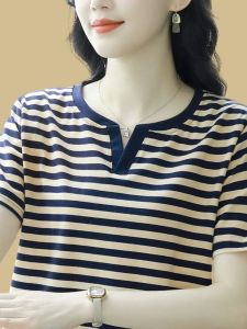 Striped Short Sleeve T-shirt for Women Loose Fit Large Size V-Neck Cotton Polyester Blouse for Summer Work Wear