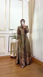 Gamis Anaya Bunga Panjang Motif Etnik Rample Plisket Tengah Bahan Armany Silk Super Lembut