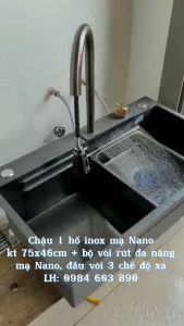 Chậu Rửa Bát 1 Hố Liền Vòi Rút Xả Thác Nước Inox Sus 304 Mạ Nano Vân Tổ Ong Cao Cấp