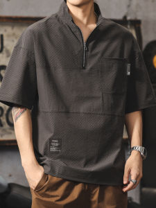 Ice-silk Loose Fit American Retro Polo Shirt Half Zip