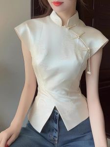 Chinese Style Prom Gown Shirt for Women Summer Design Unique Non-Regular Fit Slimming Short Sleeve Printed Stand Collar Work Clothing