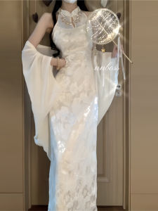 New Chinese Style Womens Vintage Qing Cold Feeling Qipao Dress Spring Summer Long Sleeve round Neck Gown