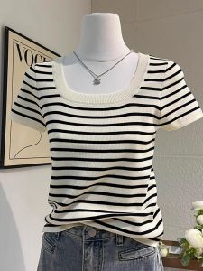 HUOLISI | French Square Neck Stripe Ice Silk Knitted T-shirt Slim Fit For Petite Women