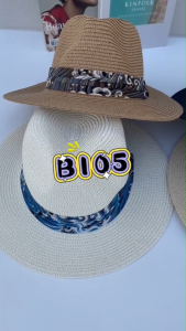 m&y shop หมวกสานปีกกว้าง ทรงปานามาดีไซน์แต่งด้วยคาดผ้า สินค้าพร้อมส่งจากไทย B105