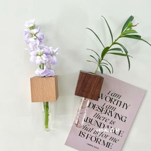 Handmade Glass Flower Vase Magnetic Refrigerator Ornament Wooden Stick Flower Holder Japanese Style Zakka Decorative Home Accessories