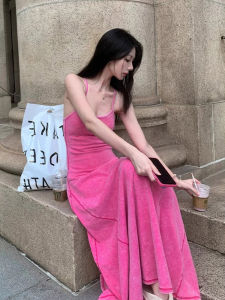 ชุดเดรสยาวแขนกุดสีชมพูสไตล์ฝรั่งเศส สำหรับผู้หญิงในฤดูร้อน ฤดูใบไม้ร่วง 2024 ดีไซน์ใหม่ เสื้อผ้าทำงาน กระโปรงทรงเอ แขนกุด คอวี