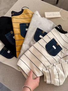 Childrens Long Sleeve T-Shirt New 2025 Pocket Striped Letter Baby Base Layer Top round Neck Rabbit Fur 100% Silk Womens Fashion