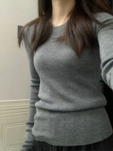 Lusi Same Style Gray round Neck Long sleeve Knit Womens Spring New Plus size Chubby Girl Slimming All-Matching Bottoming Shirt Top