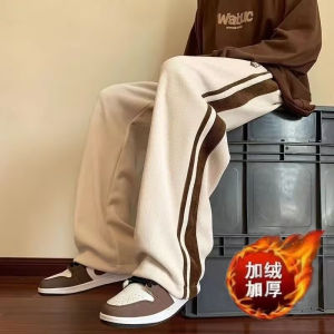 Heavyweight Fleece Lined Straight Leg Casual Pants Loose Fit Three Stripe High Street Style Long Trousers for Autumn Winter