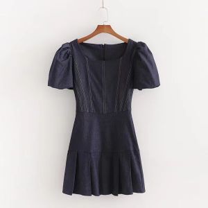 Váy Ngắn Xếp Ly Tay Bồng Cổ Tròn Mùa Hè Phong Cách Mới Váy Denim Cạp Cao Cổ Điển Cho Nữ