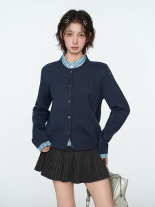 False Two-Piece Check Plaid Stand Collar Long Sleeve Knit Cardigan