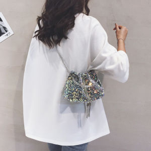 Fashionable Sequins Chain Crossbody Small Bag for Women Fancy Special-Interest Design Handbag Fashionable Single Shoulder Bucket Bag