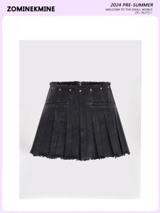 High Waist Short Denim Skirt Black Asymmetrical Hem Pleated Mini Skirt Street Style Summer New Arrival Womens Fashion