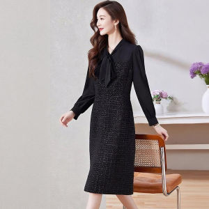 Elegant Plaid Shirt Dress Womens Fashion Miniature Style Vest Fake Two-Piece Autumn Commute Dress V-Neck Long Sleeve H-Shape