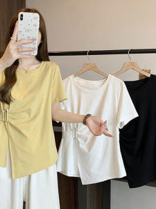 plus Size Womens T-Shirt Asymmetric Short Sleeve Summer Loose Slimming Fashionable Shoulder Line Creative Korean Style round Neck