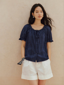 INMAN | Lace Stitched Tie-up Puffed Sleeve French Style Navy Blue Blouse