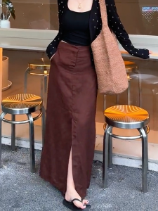 High Waist A-Line Mini Skirt Red Brown Casual Thin Autumn New Style Womens Floor-Length Split Design Half Body Skirt