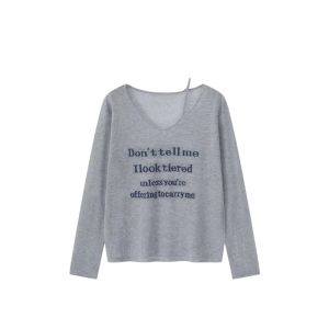 YUEZHONGWEI | Gray V-Neck Lyocell Ice Silk Letter Print Long Sleeve T-Shirt Women Summer Thin Loose Air Conditioning Shirt Top
