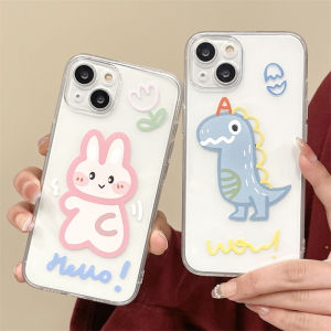 Cute Couple Rabbit Dinosaur Silicone Phone Case Full Cover Protection for  13 pro Max 12 11 7 6 Models Soft Shell Anti-Fall