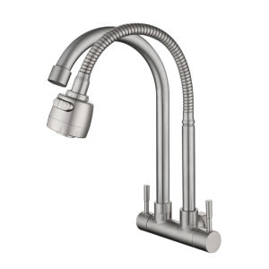 In-Wall Mounted 304 Stainless Steel Kitchen Faucet Single Cold Water Double Tube Dual Handle Universal Rotation Sink Double Outlet Shower