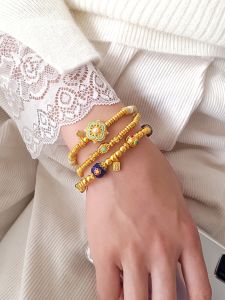 Yellow Gold Enamel Sand Hand Bracelet Vintage Chinese Style Womens Bracelet  out New Fashion Jewelry Accessories