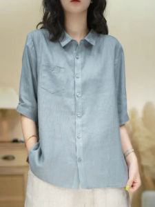 Áo Sơ Mi Vải Lanh Cotton Cổ Polo Tay Ngắn Mùa Hè Cho Nữ Dáng Rộng Chất Liệu Cotton Lanh Phong Cách Cổ Điển Áo Thun