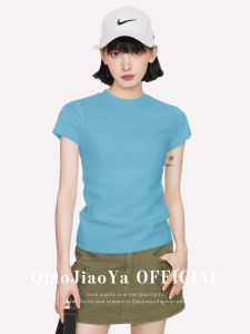 QIAOJIAOYA | Áo Thun Form Ôm Tay Ngắn Cổ Tròn Màu Xanh