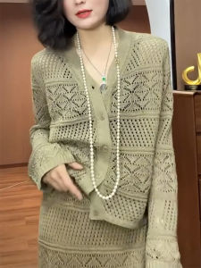 QINGNAER | Lace Hollow Breathable Single Row Buttoned Long Sleeve Knit Cardigan