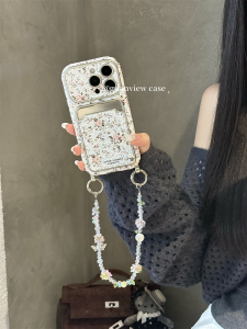 Guanview Elegant Glitter Shiny Sequin Fragrant Flower Card Holder Phone Case for Apple iPhone 17 pro Max 16 pro 15 14 Handheld Chain Anti-Fall Protection Cover