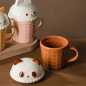 แก้วกาแฟทรงหม้อตาข่ายลายสัตว์การ์ตูนสำหรับใช้ในบ้าน แก้วน้ำทรงกลมสำหรับผู้หญิง แก้วอาหารเช้าสำหรับคู่รัก แก้วเซรามิกพร้อมฝา