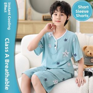 Lightweight Short Sleeve Cotton Silk Pajamas Set for Teenage Boys Middle School Students Summer Home Clothes Childrens Size