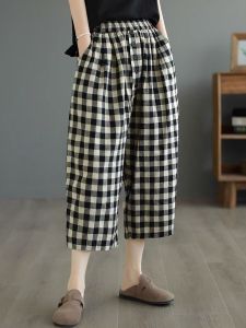 Cotton Linen Wide Leg Pants Womens Summer Artistic Retro Plaid Casual Pants Lightweight Loose Fit High Waist Seven-Foot Length