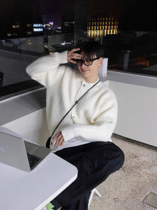 Soft White Mouton Knit Cardigan Sweater Mens Spring Autumn Style Heavy Knitted Jacket Outerwear Youth Trend Long Sleeve round Neck