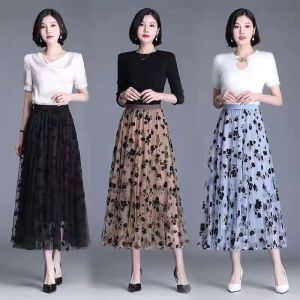 Mesh Skirt Womens Summer Flocking Floral Large Swing Skirt Classy Double-Sided Pleated A- line Drape Slimming Midi Dress